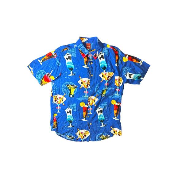 JUNCTION WEST Blue Retro 50s 60s MARTINI + PIN-UP GIRLS HAWAIIAN SHIRT Men's M - Picture 1 of 6
